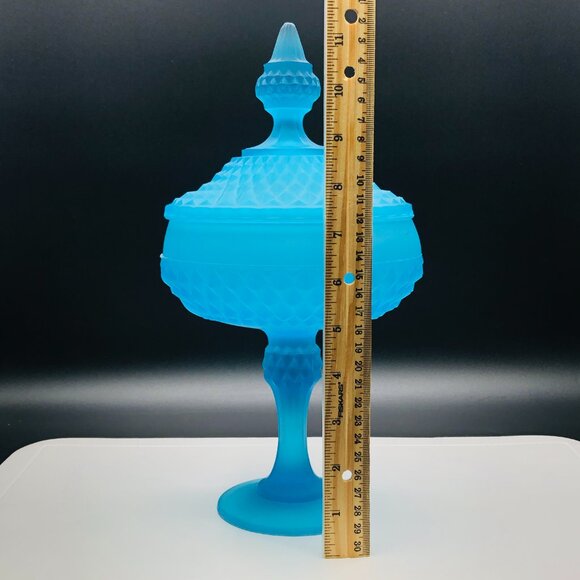Vintage Indiana Glass Satin Mist Blue Diamond Point Candy Wedding Box Compote - Picture 12 of 14